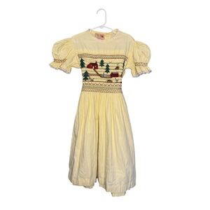 Vintage Handmade Smocked Dress Yellow Farm Scene Girls Kids Dress